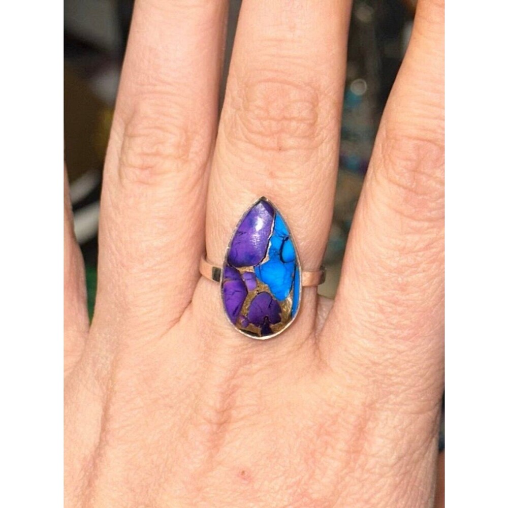 Teardrop Purple Copper Turquoise Stone .925 Sterling Silver Ring Size 8
